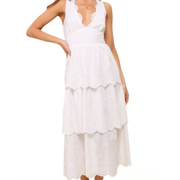 NWT Lulus Dress Women's Medium White Eyelet Embroidered Tiered Cotton Midi - Picture 1 of 7